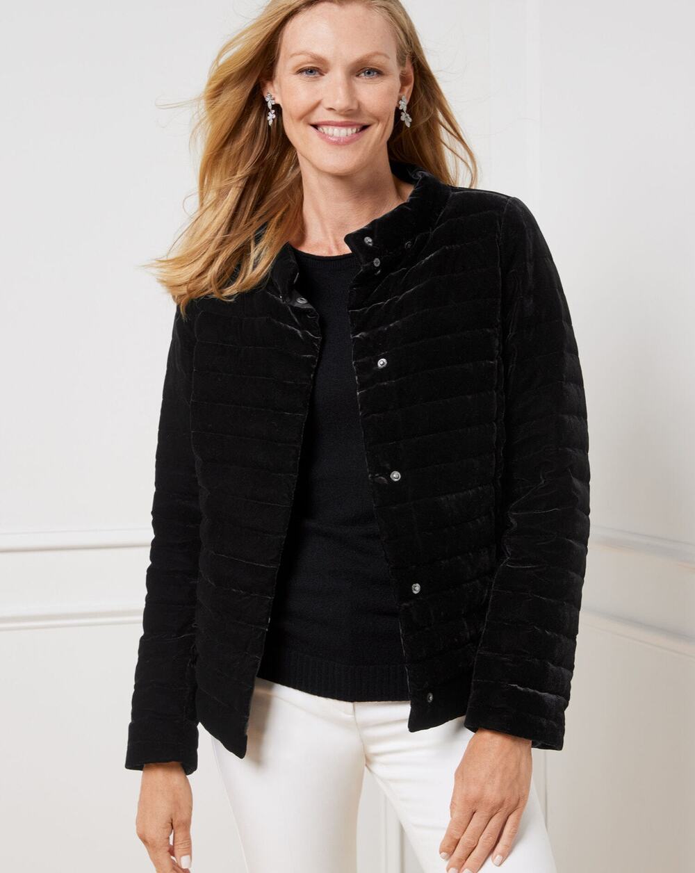 Talbots Black Velvet Down Quilted Puffer Jacket Coat Faux Fur Collar 16P 16 P